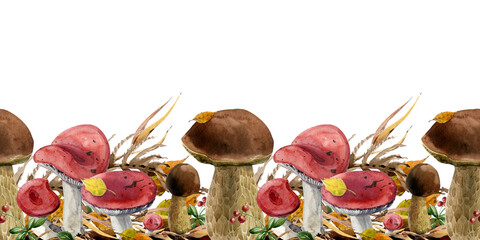 Seamless pattern mushrooms. Watercolor illustration. Various edible mushrooms, leaves, twigs, berries. Autumn time. For website design, packaging, scrapbooking, etc. © Ekaterina Usenko