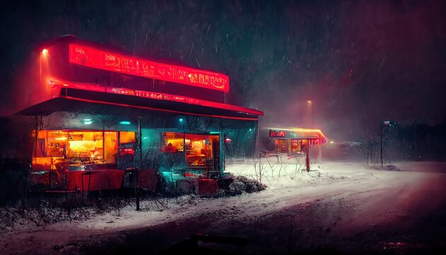 Roadside Cafe Diner Glows In The Night