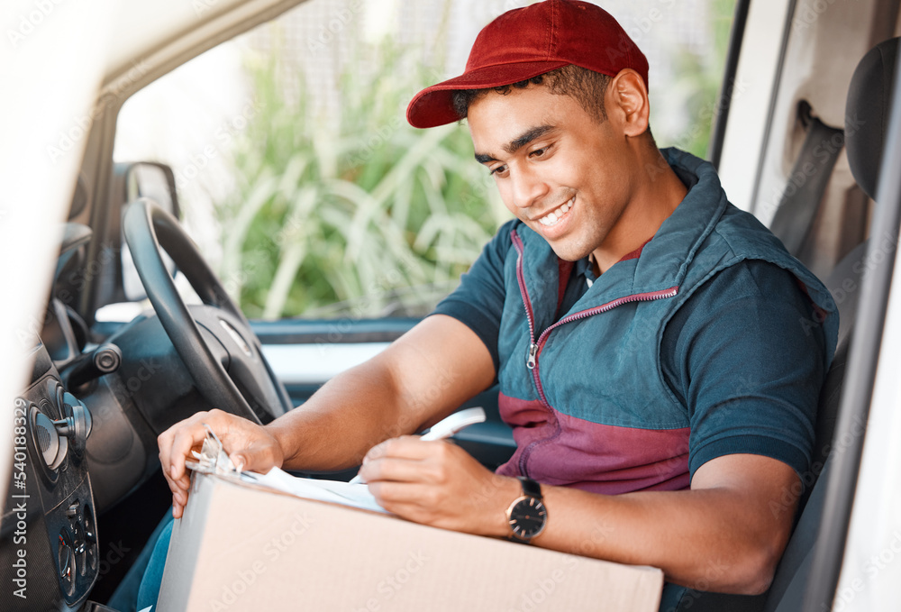 Aufkleber delivery man, driver and writing on checklist or box working for courier service with package, shipm