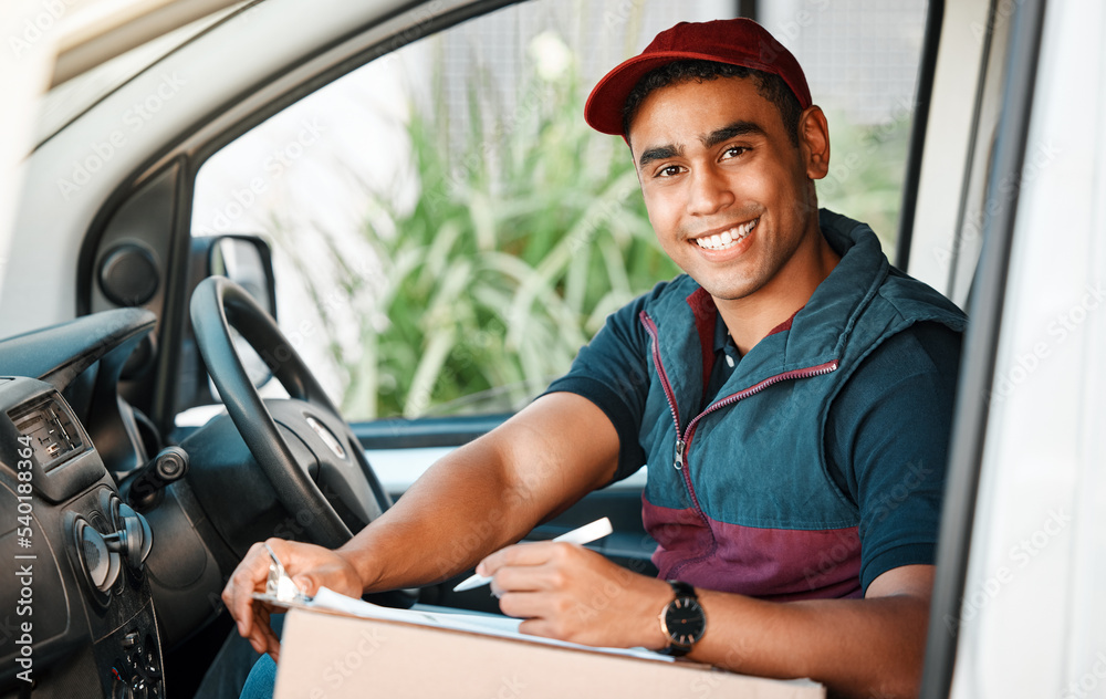 Poster logistics, supply chain and delivery with a shipping man in a van with a package and contract for re