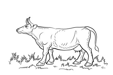 Animals, black and white image of a cow. Coloring book for kids. Vector drawing.