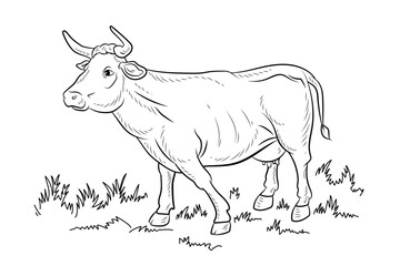 Animals, black and white image of a cow. Coloring book for kids. Vector drawing.