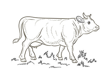 Animals, black and white image of a cow. Coloring book for kids. Vector drawing.