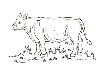Animals, black and white image of a cow. Coloring book for kids. Vector drawing.