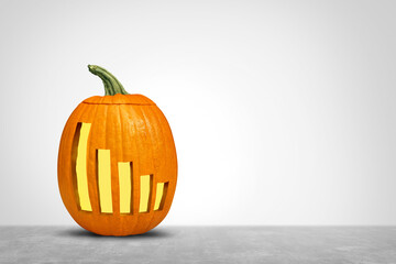 Autumn financial decline and Halloween season stock market crash concept as a fall season pumpkin symbol with a downward leaning finance chart arrow as a carved jack o lantern.