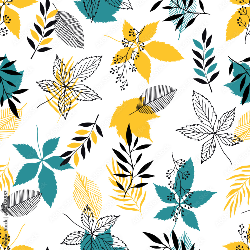 Wall mural vector autumn pattern with leaves. scandinavian style. linear boho sketch. blue and yellow colors