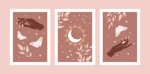 Set of alchemy esoteric mystical magic with woman hands. Esoteric  prints with astrological symbols, moon, sun, herbs, moth, occult hand. For tattoo boho, witchcraft esoteric