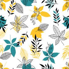 Fototapeta na wymiar Vector autumn pattern with leaves. Scandinavian style. Linear boho sketch. Blue and yellow colors