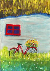 bike pink house window watercolor painting