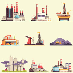 Industrial buildings with pollution flat color icon set