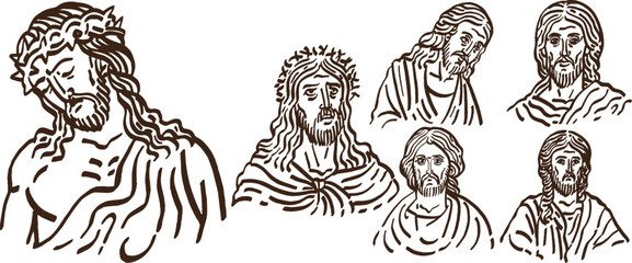 Vintage Jesus Christ Retro Vector Art Illustration Multiple Faces Messiah Religious Christian Artwork Classic Christmas Easter Holiday Postcard Ready