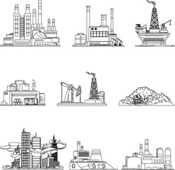 Obraz premium Industrial buildings with pollution flat outline icon set
