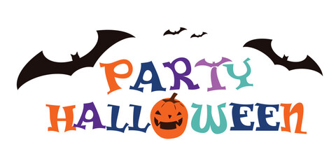 Party Halloween lettering with bats. Festive title for greeting card, invitation, party, poster, banner, white background