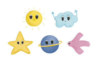 Adorable Childish flat Cartoon Planet Sun Bird Cloud Star Character Set Clipart Illustrations