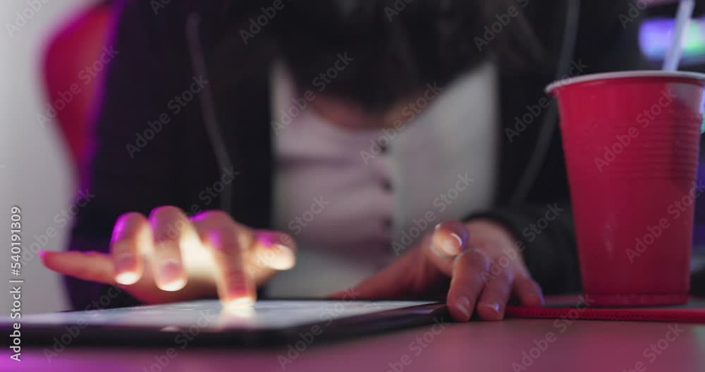 Poster hands, tablet and woman typing on digital web design app tech creative, futuristic or designer studi