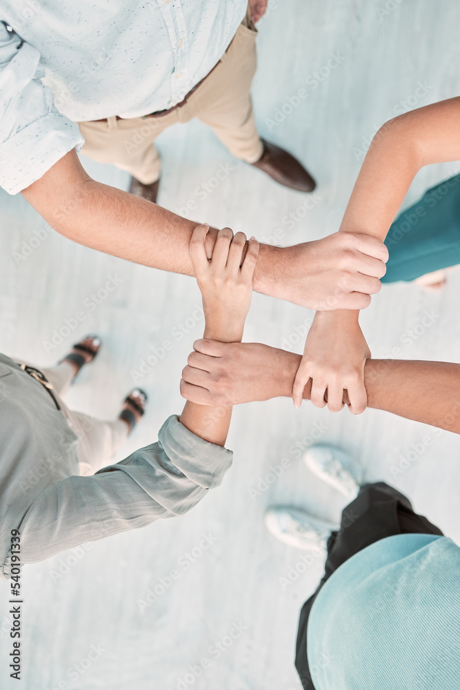 Poster hands, collaboration and unity with a business team holding arms in an office together from above. t