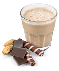 Cocoa milk and chocolate candies isolated on white background