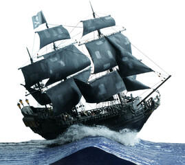 Pirate ship model Black pearl made of plywood, with miniature figures of pirate sailors, isolated...