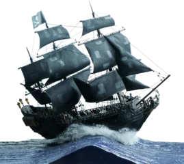 Foto op Canvas Pirate ship model Black pearl made of plywood, with miniature figures of pirate sailors, isolated on white background. Ship sails on waves. Flag Jolly Roger Skull and bones, patched sails © Евгения Рубцова