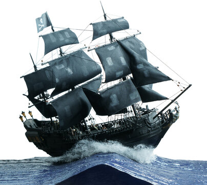 Pirate ship model Black pearl made of plywood, with miniature figures of pirate sailors, isolated on white background. Ship sails on waves. Flag Jolly Roger Skull and bones, patched sails