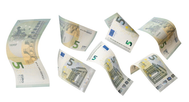 Five euro bill banknote isolated on white background.