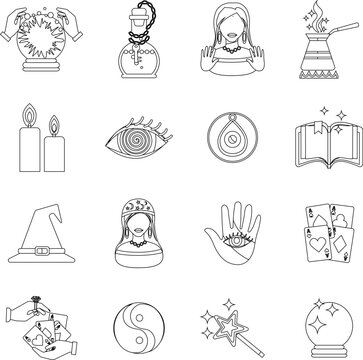 Magician fortune teller outline flat vector icon collection set
