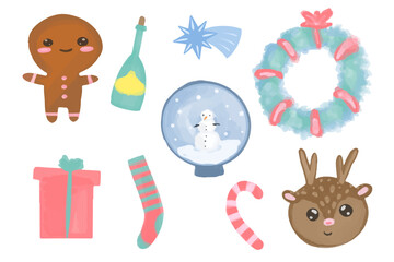 Collection watercolor elements complete set eps10 for Christmas and New year. Doodle cartoon style.