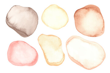 Set of watercolor abstract forms, blobs, shapes. Soft pastel colors. Pink, yellow, beige textures, backgrounds.