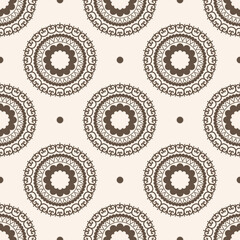 Geometric mandala pattern. Vector ethnic mandala floral geometric shape seamless white gold color pattern background. Ethnic persian carpet, rug, wallpaper for interior decoration elements.