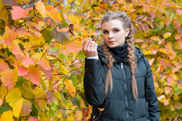 A beautiful serious girl stands near a tree with yellow foliage.