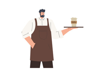 Male barista or waiter characters in uniform, restaurant or coffee shop