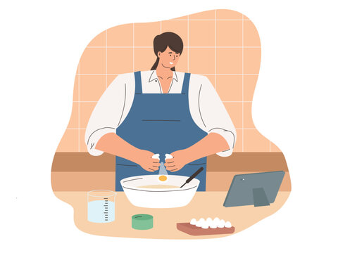 Woman cooking bakery at home kitchen illustration