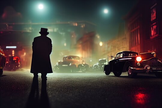 A noir detective in a hat stands near retro vintage cars