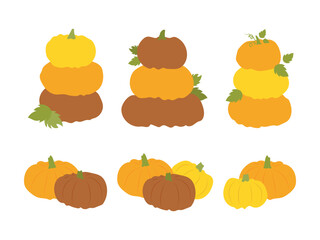Thanksgiving illustration set. Different autumn pumpkins with leaves. Flat vector icons decorative elements Happy Thanks giving day illustrations isolated on white background.