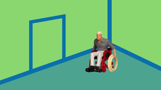 A miniature man in a wheelchair and a pile of coins and a bar graph. The concept of employment discrimination against the disabled. 
