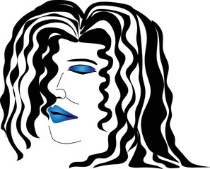 vector face of a girl with curly hair and make up eyes shadow and blue lipstick