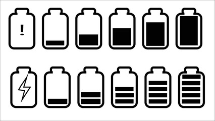 Different battery capacity charge icons with full and low Set of colored battery charge level indicator in percent