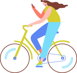 Woman, gilr riding bicycle flat illustration