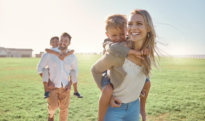 Family, kids and piggy back at park, nature or outdoors on vacation, holiday or summer trip. Love, support and caring parents, man and woman bonding with boys, carrying and enjoying fun time together