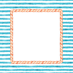 Rope square frame on a striped background. Watercolor illustration. Isolated on a white background.