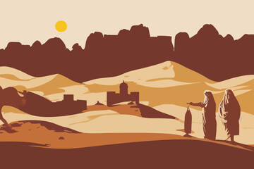 arabic desert landscape with traditional mud brick - obrazy, fototapety, plakaty