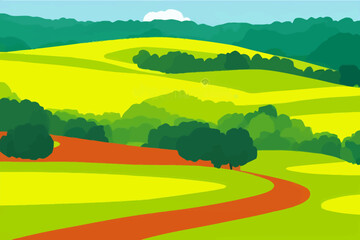 green landscape with yellow fields, lovely rural