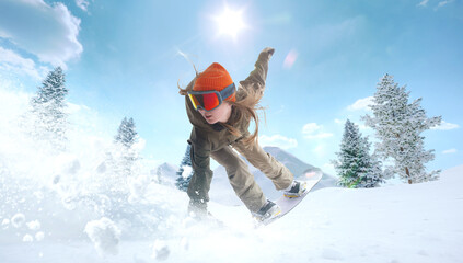 Snowboarder girl in action. Extreme winter sports.