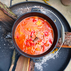 Kettle Hungarian goulash soup with potatoes