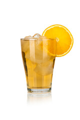 Yellow drink with ice cubes and orange slice on white background, isolated