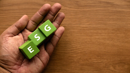 ESG concept of environmental, social and governance. Hand holding green cube written with letter E, S and G.