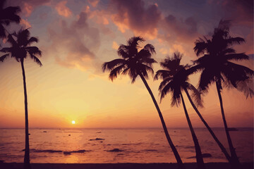 Fototapeta na wymiar sunset tropical beach with palm trees and sea, nature.