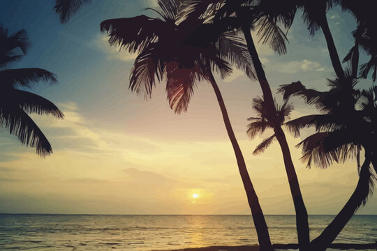 sunset summer tropical beach with palm trees and sea