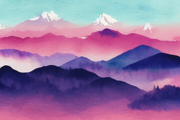 watercolor art background with mountains and hills on pink