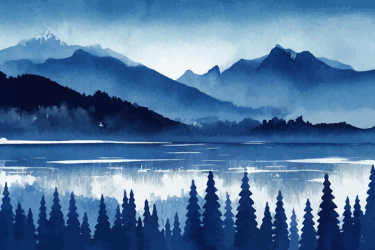 watercolor art background with mountains and lake in blue
